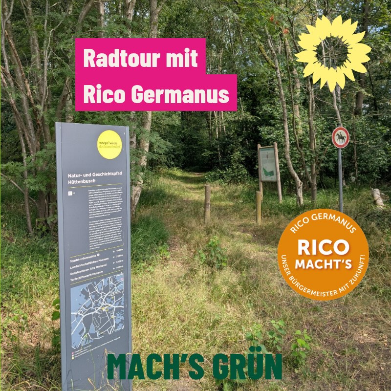Wir radeln mit Rico 🚲 - am Freitag, 7. August, laden der Bürgermeisterkandidat Rico Germanus und die ihn unterstützenden Parteien SPD, UWG, Bündnis 90/ Die Grünen und die Linke herzlich zu einer gemeinsamen Fahrradtour ein.
Seid dabei - Treffpunkt ist um 18 Uhr in der Bergstraße.
Die Radtour führt ca. 20 km überwiegend über Nebenstraßen von Worpswede nach Hüttenbusch und über Neu St. Jürgen nach Worpswede zurück.
In der Bahnhofgaststätte Neu St. Jürgen ist eine Pause eingeplant. Wir freuen uns auf anregende Gespräche und eine schöne gemeinsame Runde.
#grüneworpswede #ricomachts #ricogermanus #bürgermeisterkandidat #fahrradtour
